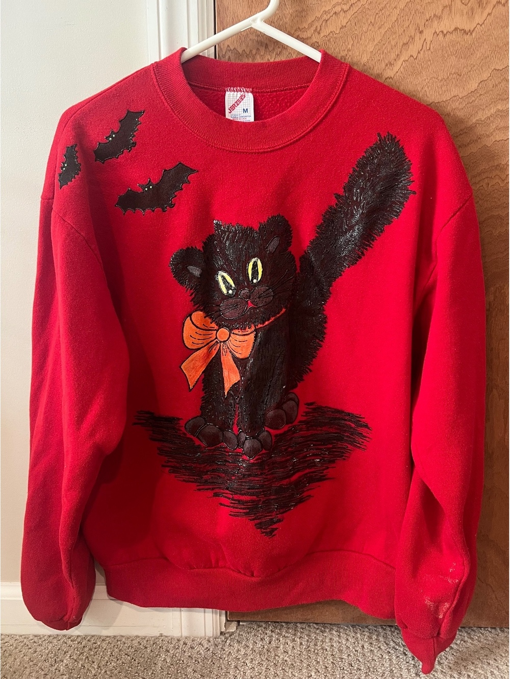 Vintage Halloween Black Cat Painted Crewneck